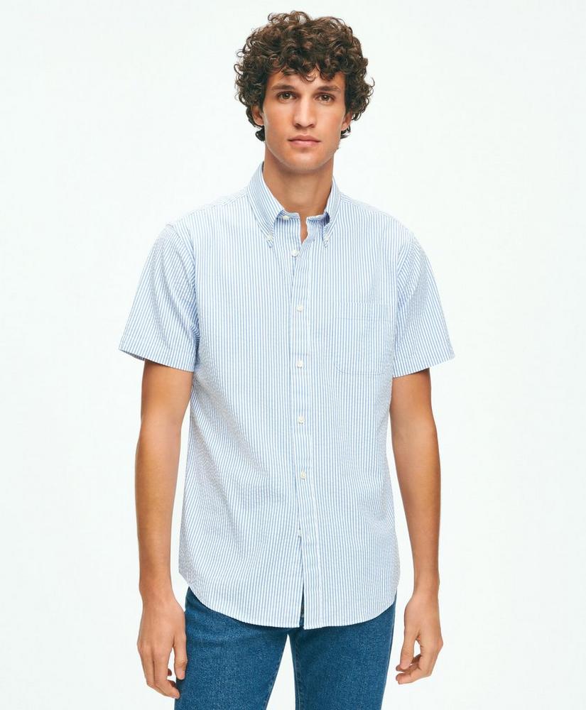 Washed Cotton Seersucker Button-Down Collar, Stripe Short-Sleeve Sport Shirt