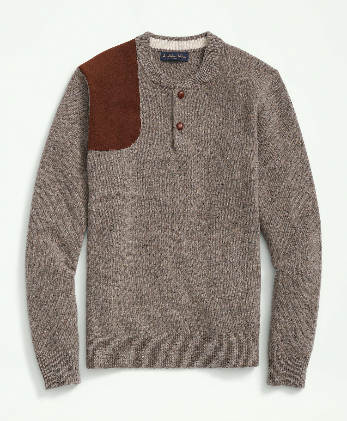 Merino Donegal Wool Shoulder Patch Henley Sweater