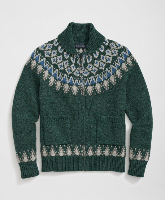 Wool Full-Zip Cardigan with Fair Isle Motif