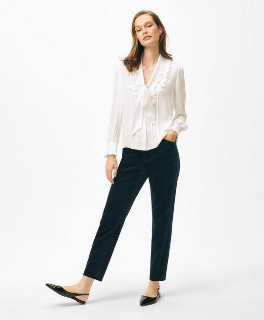 Ruffle Placket Tie-Neck Blouse in Georgette Silk