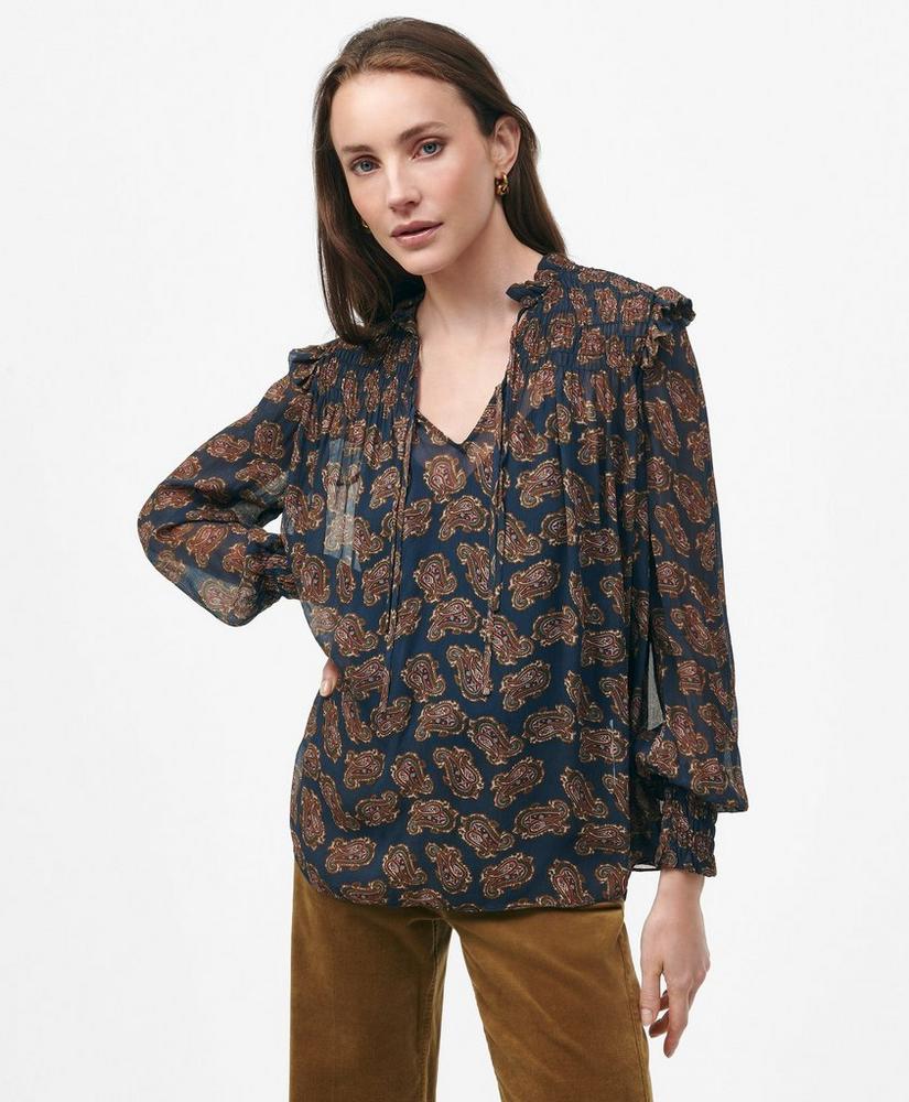 Ruffle Detail Tie-Neck Blouse in Paisley Chiffon with Removable Camisole