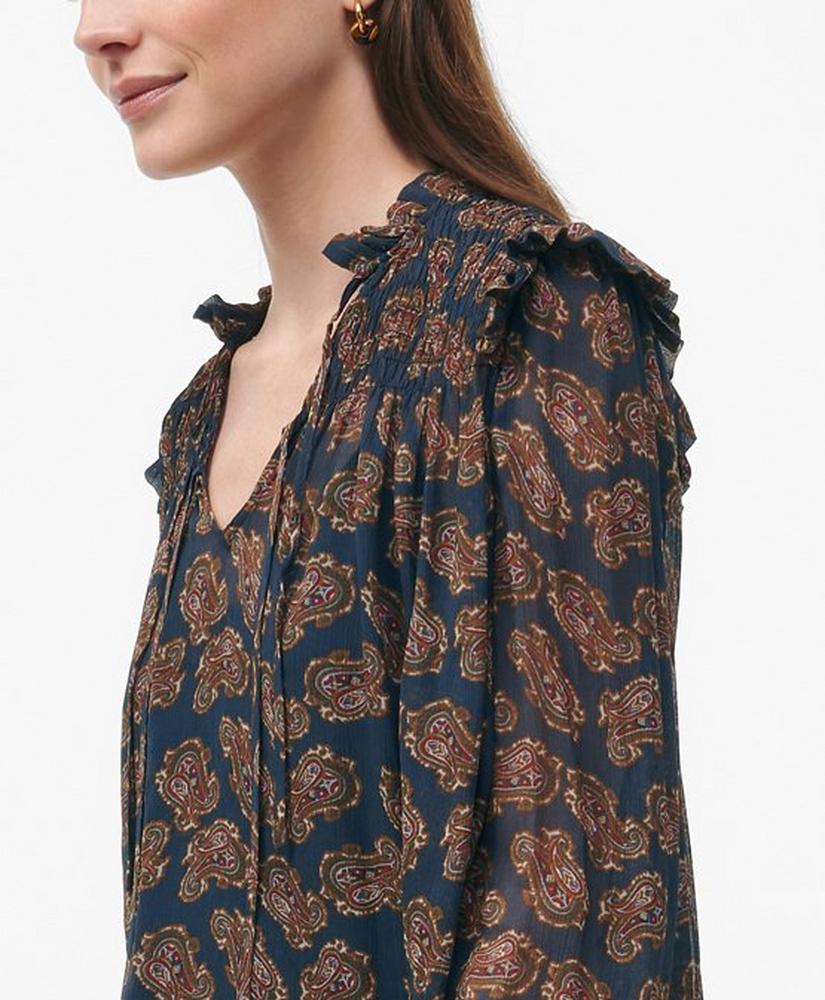 Ruffle Detail Tie-Neck Blouse in Paisley Chiffon with Removable Camisole