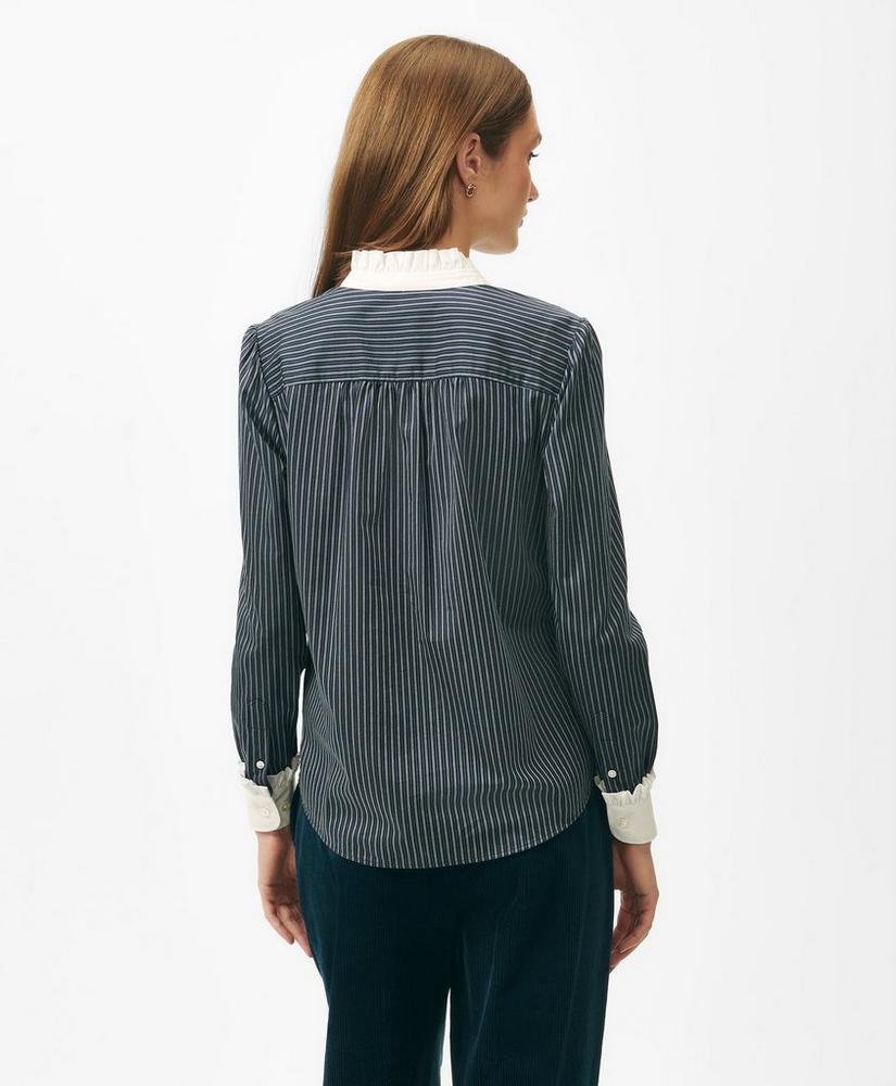 Contrast Ruffle Detail Shirt in Dobby Stripe Cotton