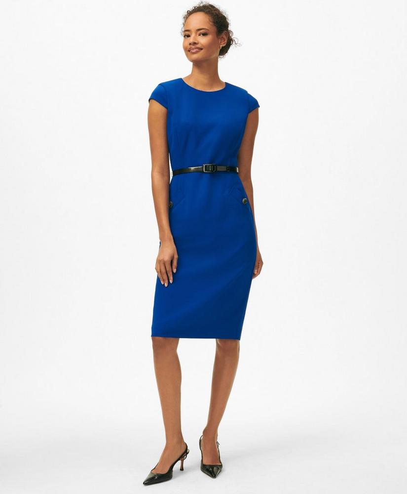 Cap Sleeve Belted Welt-Pocket Dress in Fine Twill Stretch Crepe