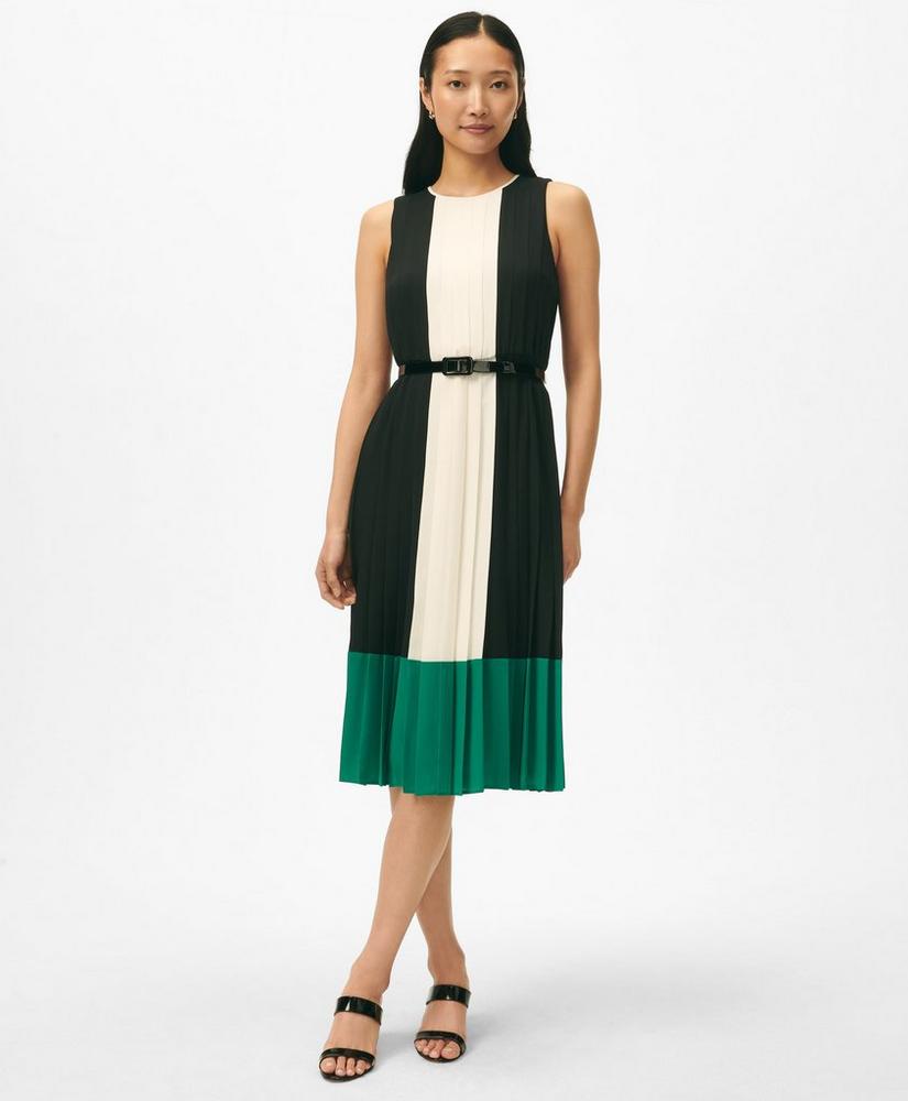 Colorblock Pleated Belted Dress in Crepe