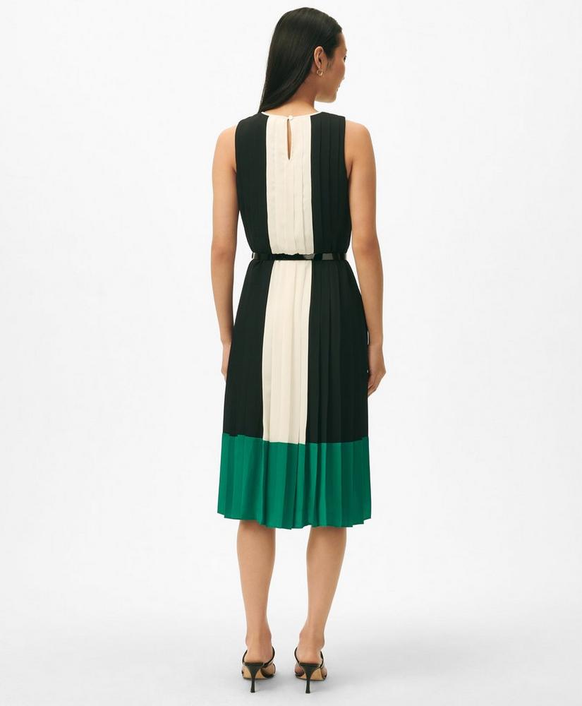 Colorblock Pleated Belted Dress in Crepe