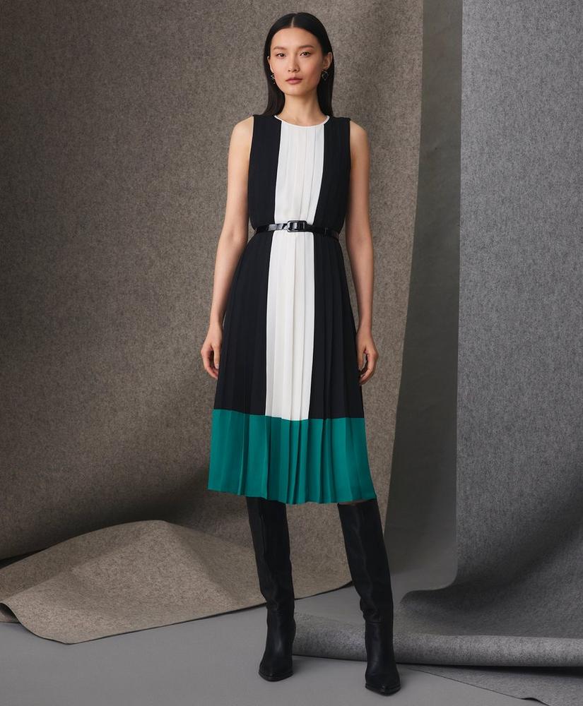 Colorblock Pleated Belted Dress in Crepe