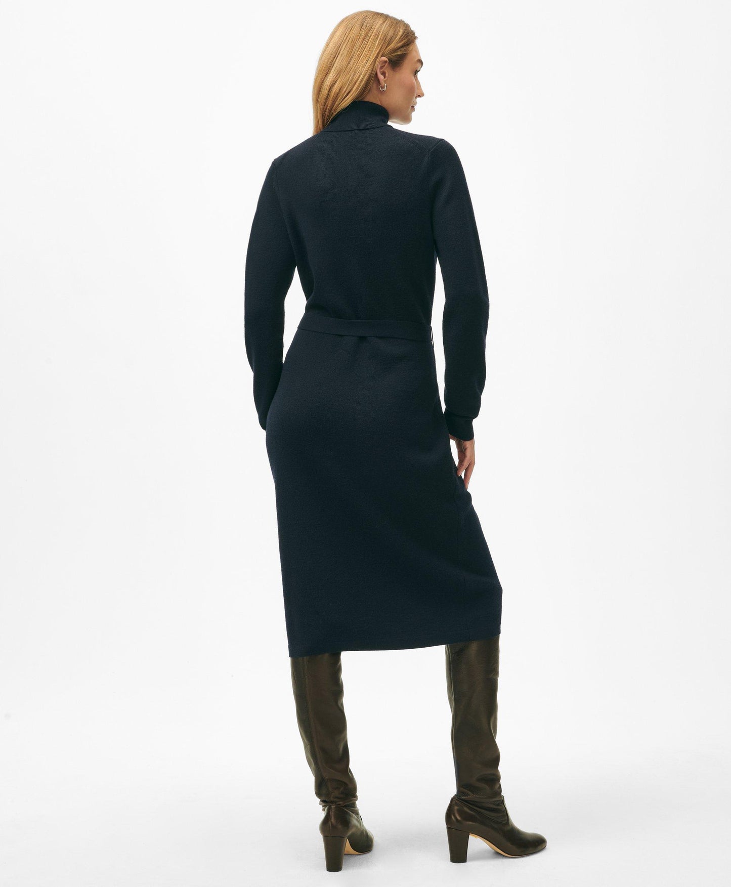 Belted Turtleneck Sweater Dress in Merino Wool