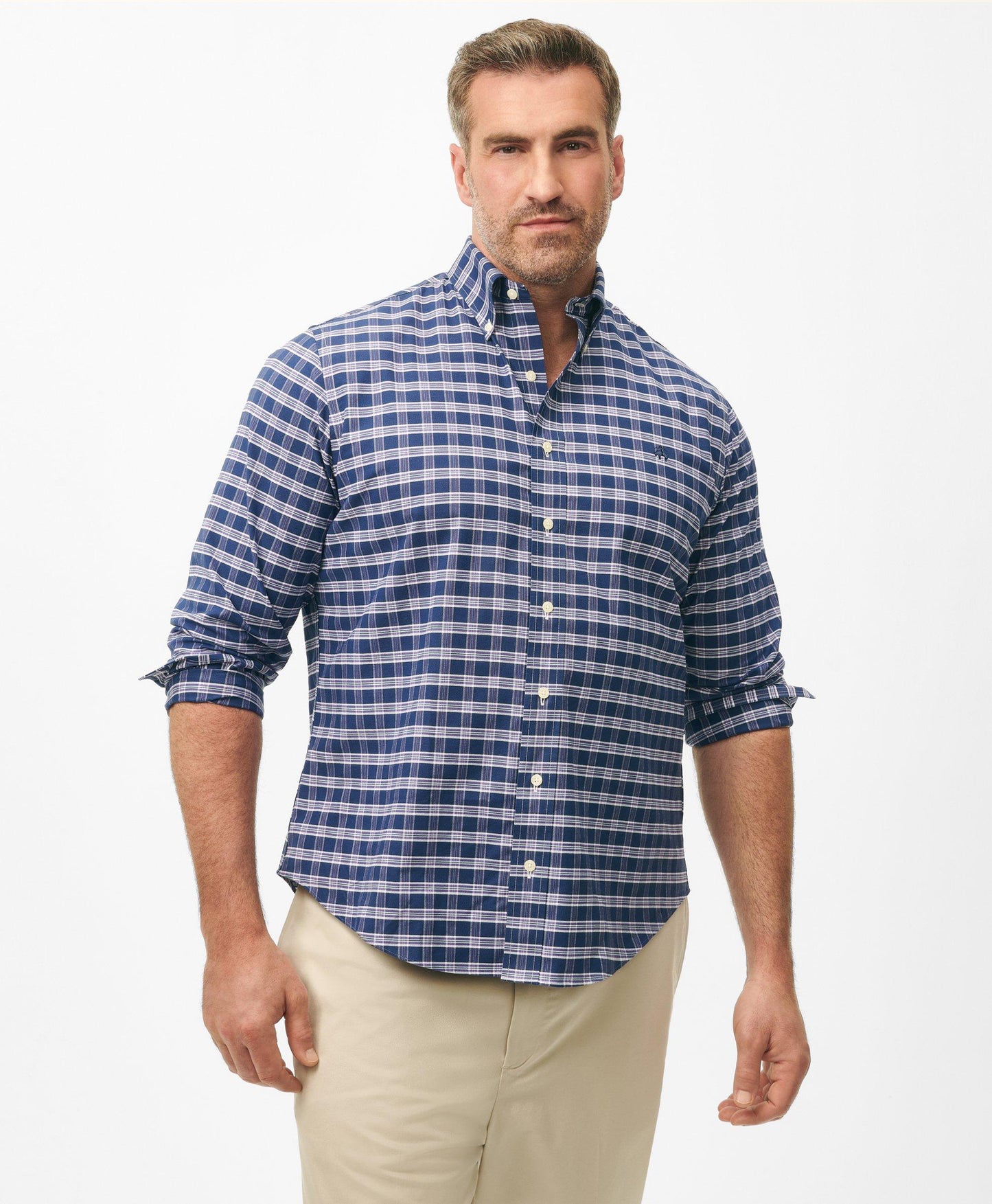 Big & Tall Stretch Cotton Non-Iron Oxford Polo Button Down Collar Checked Shirt